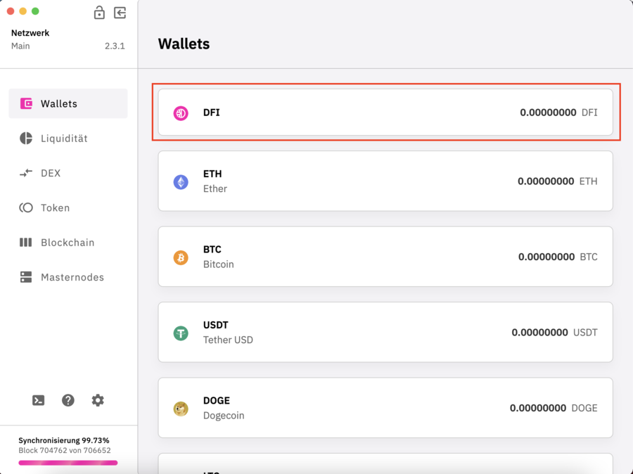 Klick auf DFI Wallet