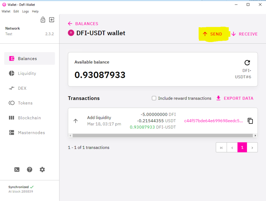 Klick auf die DeFi Wallet und dann auf Senden